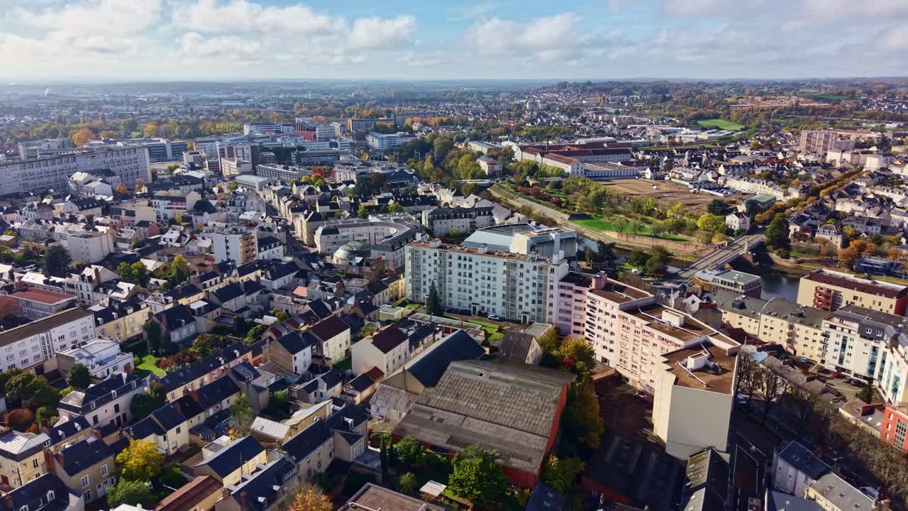 Drone fly of Le Mans cityscape with Le Mans Congress and Culture Centre in urban sprawl, Le Mans, France