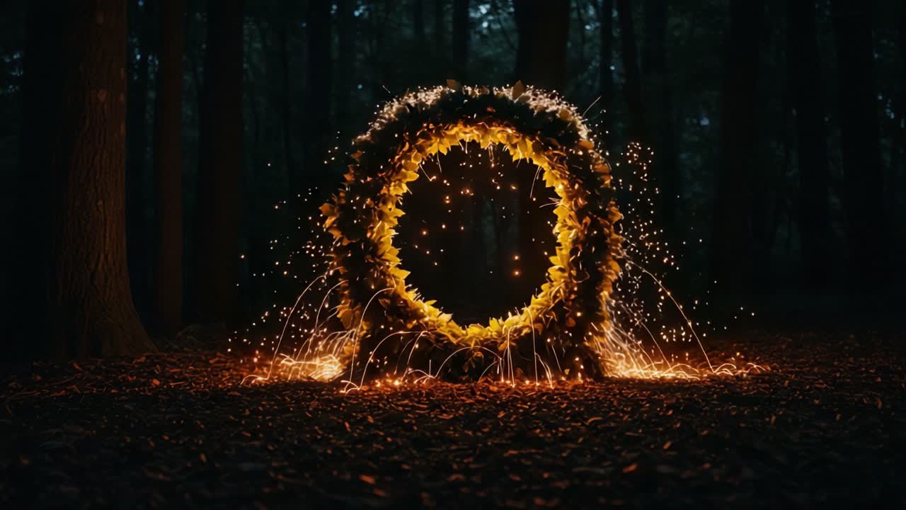 A Glowing Circular Portal Surrounded by Nature's Beauty, Sparkling with Fireworks and Illuminated Leaves in a Mysterious Forest Setting at Night