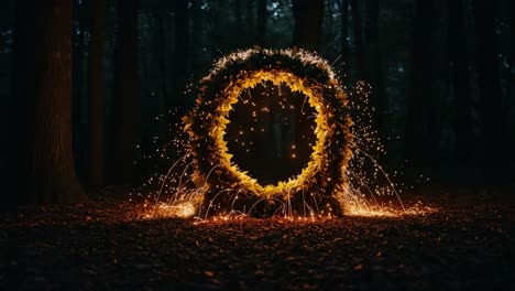 a glowing circular portal surrounded by nature's beauty, sparkling with fireworks and illuminated leaves in a mysterious forest setting at night