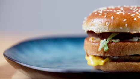 Burger,-plate-and-closeup-with-lunch