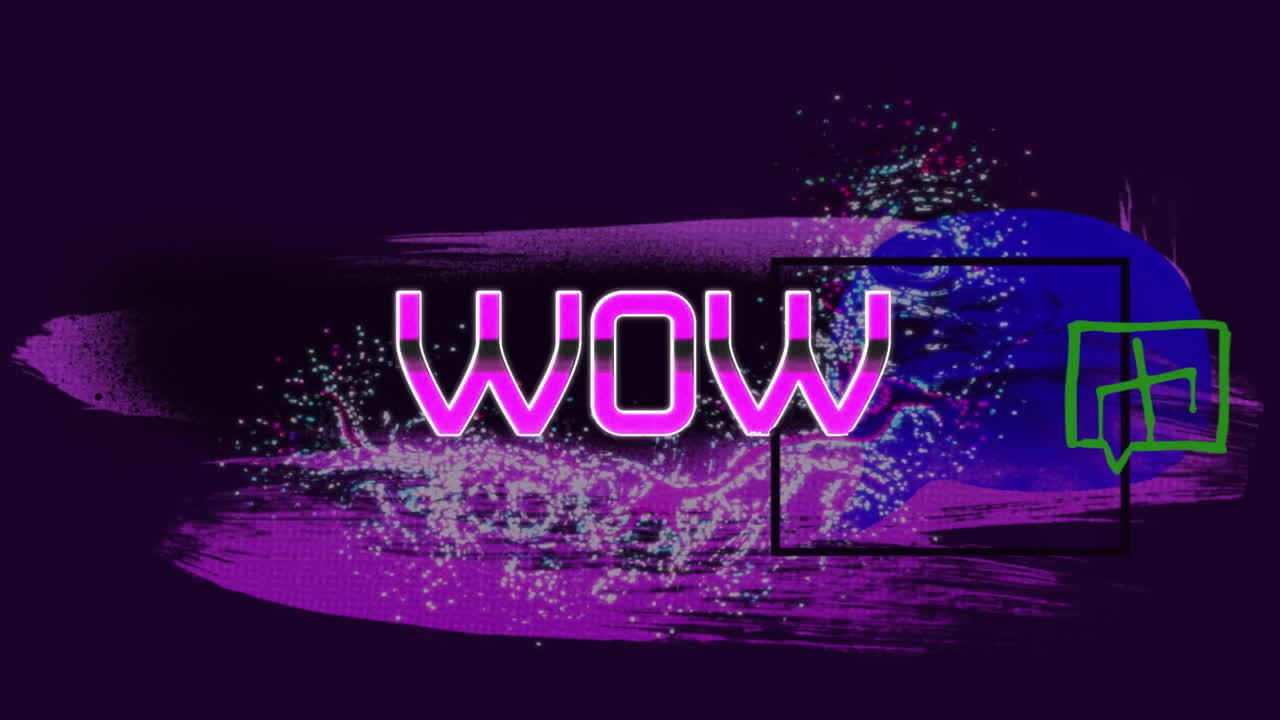 Animazione del testo "wow" su grafiche colorate in movimento su sfondo scuro
