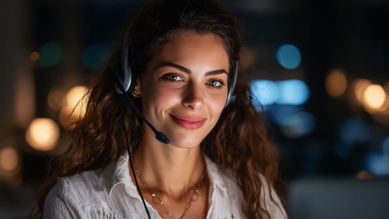 Engasjert kundeservicerepresentant som yter assistanse via headset-teknologi, utstråler profesjonalitet og varme i et miljø med myk belysning, fokusert på å levere eksepsjonell støtte og løsninger.