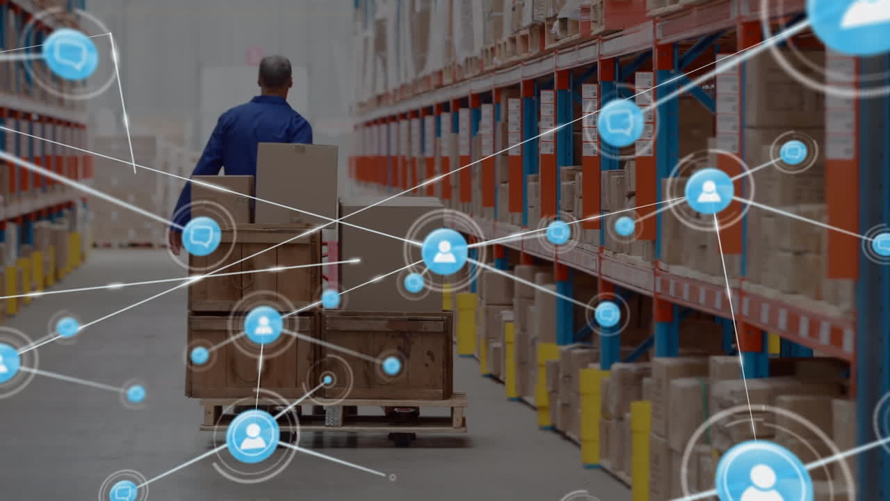 animación de la red de conexiones sobre el hombre que trabaja en el almacén