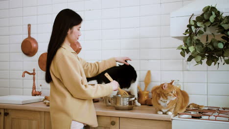 woman cooking with cats