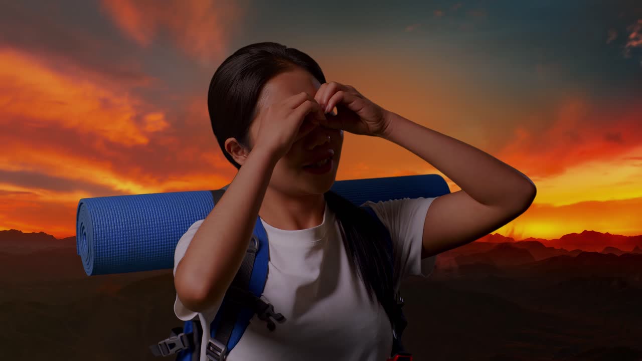 배 을 들고 해가 지는 동안 산책 하는 여자