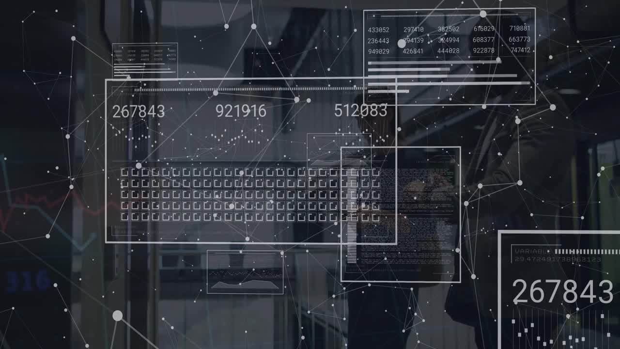 Animation of changing numbers, loading bars, connected dots, diverse coworkers waiting for elevator