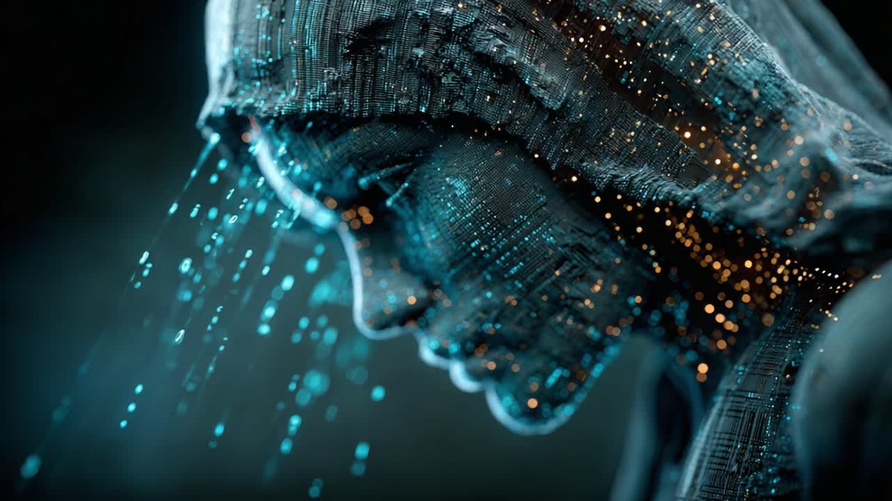 Abstract animation of a digital being with glowing particles of data flowing around its face, symbolizing the concepts of machine learning, big data processing, and advanced technological thought