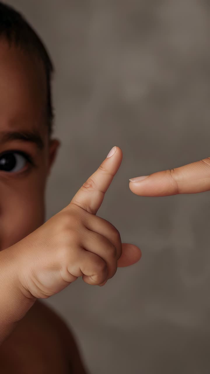 Vertikální video: Dospělá ruka se natahuje a dotýká se dětské ručičky, vytváří se pouto doma, prostor pro text