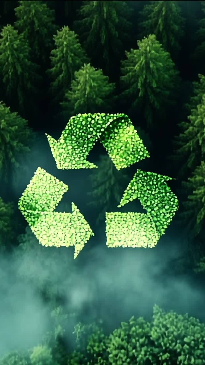 Recycling symbol in nature. A vibrant recycling symbol made of leaves hovers over a lush forest, highlighting nature's sustainability.