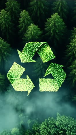 recycling symbol in nature. a vibrant recycling symbol made of leaves hovers over a lush forest, highlighting nature's sustainability.