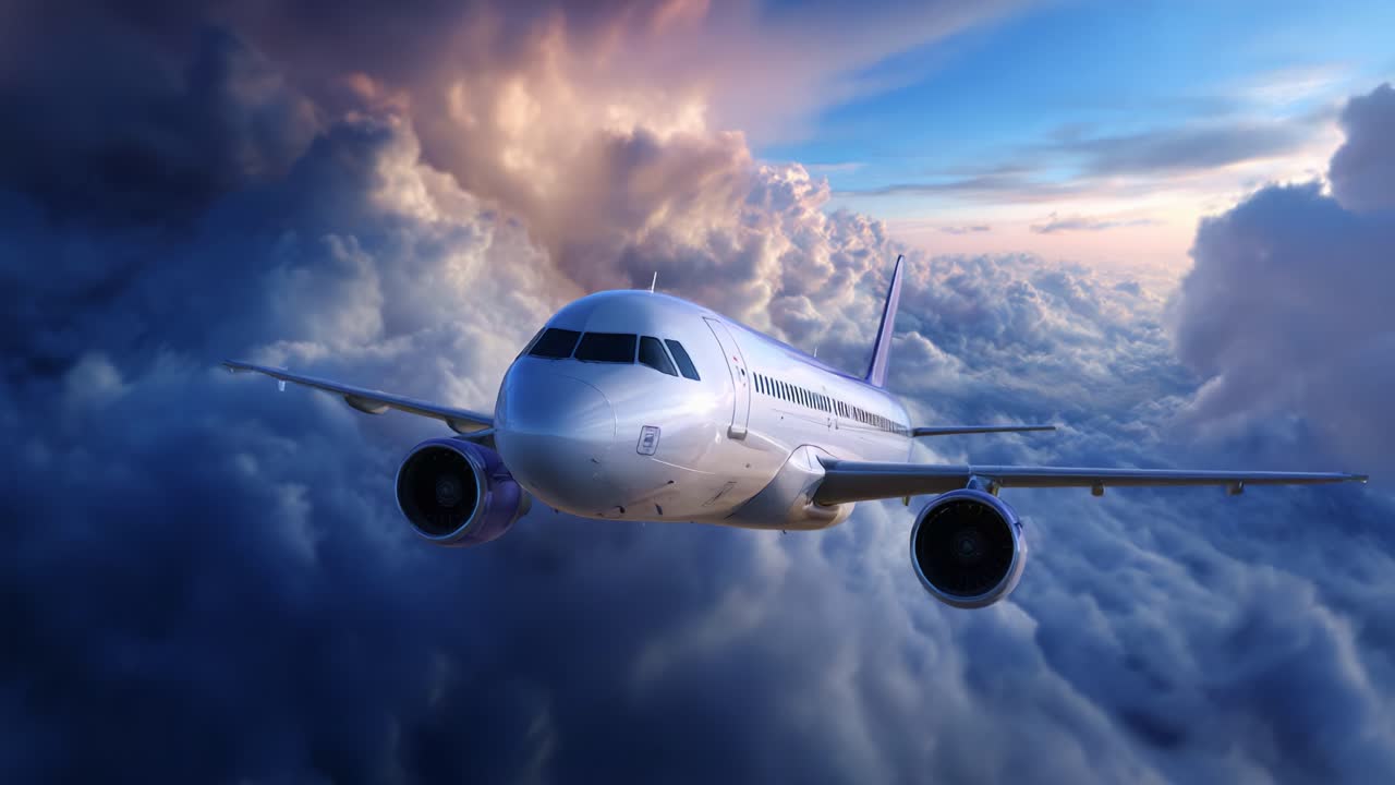 Un magnifico velivolo che solca un cielo meraviglioso, pieno di nuvole spettacolari, che mostra la meraviglia dell'aviazione e la bellezza dei viaggi ad alta quota