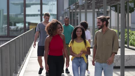 happy friends walking outdoor