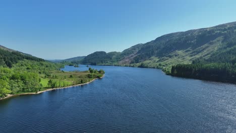 aerial flight over loch chon in scotland