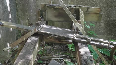 broken, decaying wooden structure, moss, vegetation, outdoor environment