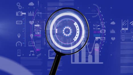 animation of financial data processing and magnifying glass over navy background