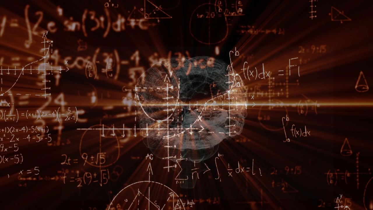 Semi-transparent 3D brain model glowing with floating integrals summations graphs and orange beams