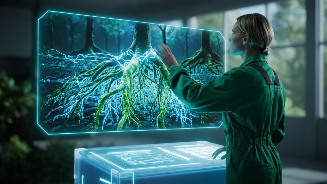 Woman interacting with tree root hologram on a futuristic display
