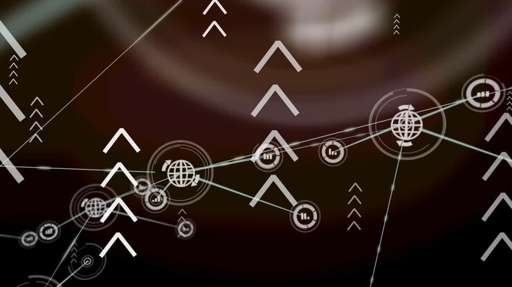 Animation of network of connections with globe icons over arrows on brown background