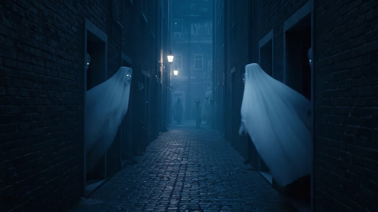 A Haunting Encounter in a Shadowy Alley: Ghostly Figures Emerge from Doorways in an Eerie Nightscape Filled with Fog and Dim Streetlights