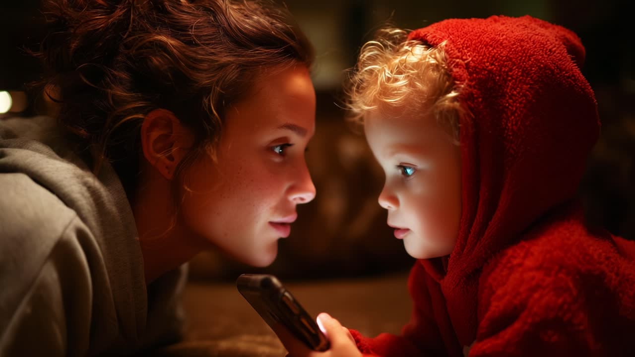 A Heartwarming Moment Captured: A Woman and Child Engage in an Intimate Interaction Over a Smartphone, Sharing Laughter and Wonder in a Cozy, Dimly Lit Room