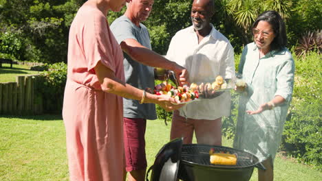 senior diverse friends enjoying in garden barbecue, grilling vegetables and smiling together