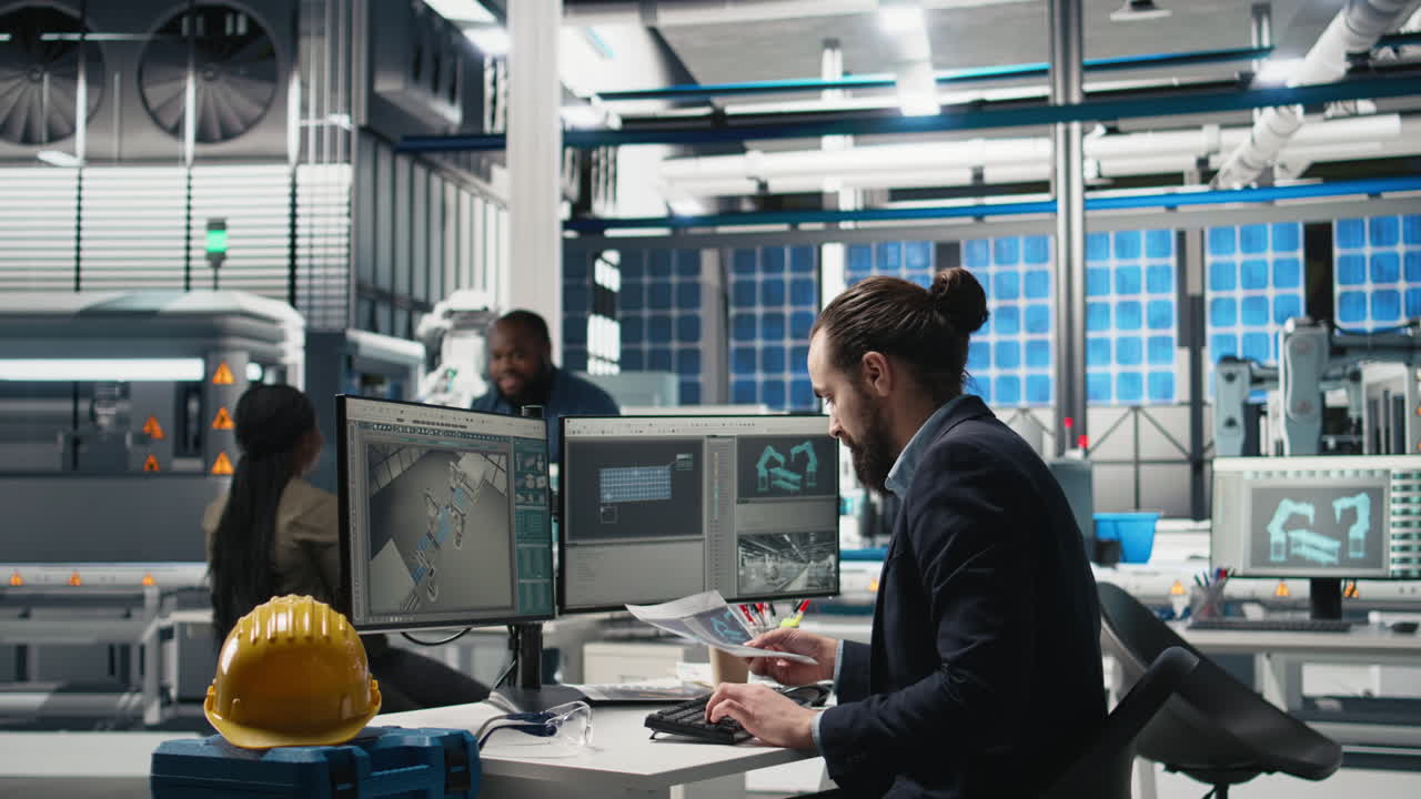 Engineers working on robotic design in a modern office