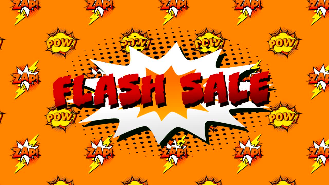 venta flash, pow y zap texto en burbuja de habla contra fondo naranja