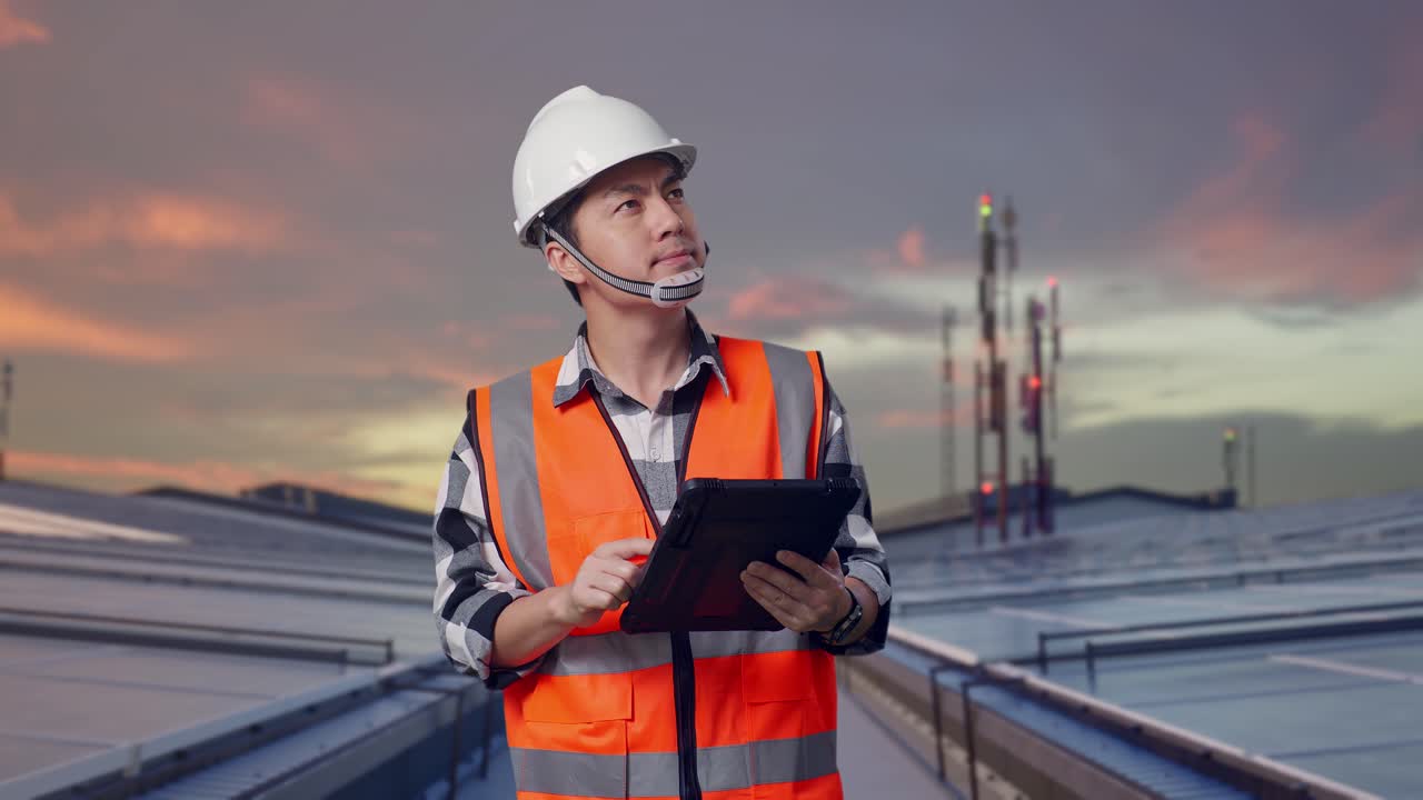 Asian Male Engineer With Safety Helmet Looking At The Tablet In His Hand And Looking Around While Standing and Inspecting Solar Panels on Rooftop