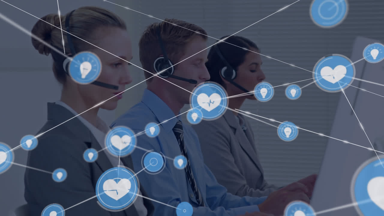 사무실에서 일하는 다양한 고객 서비스 임원 팀에서 디지털 아이콘 네트워크의 애니메이션