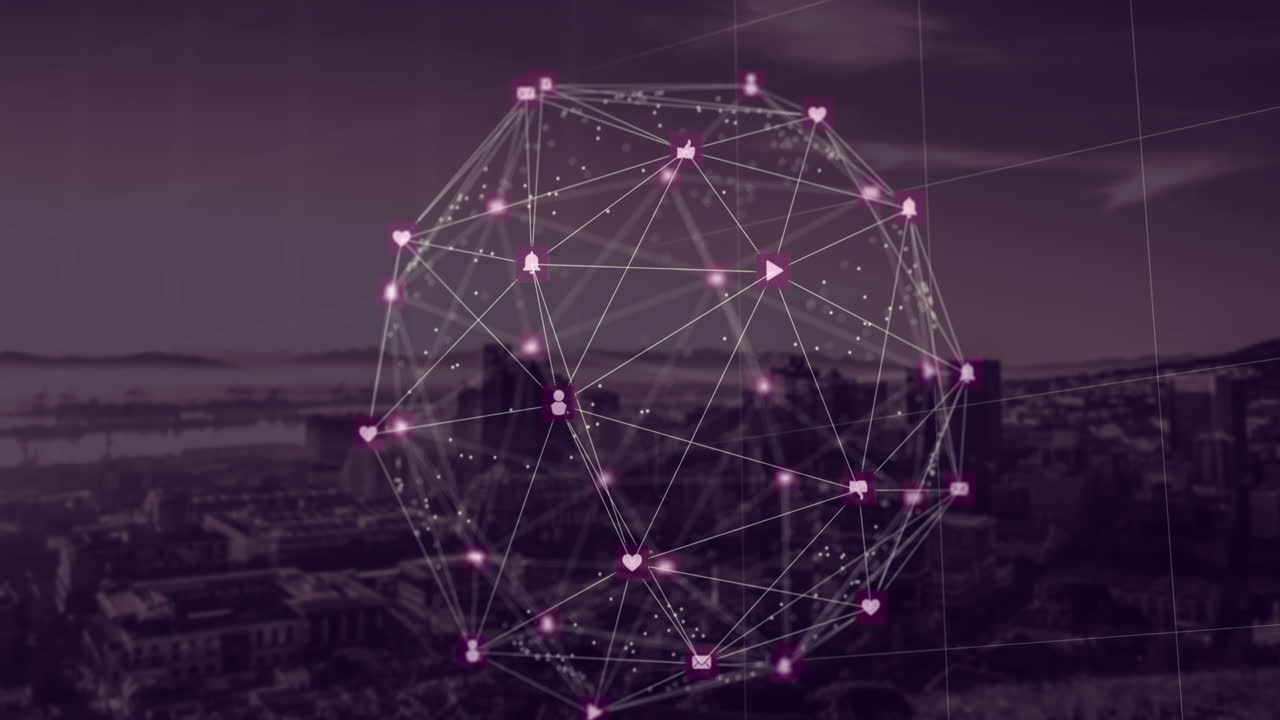 globo de iconos digitales contra el paisaje urbano