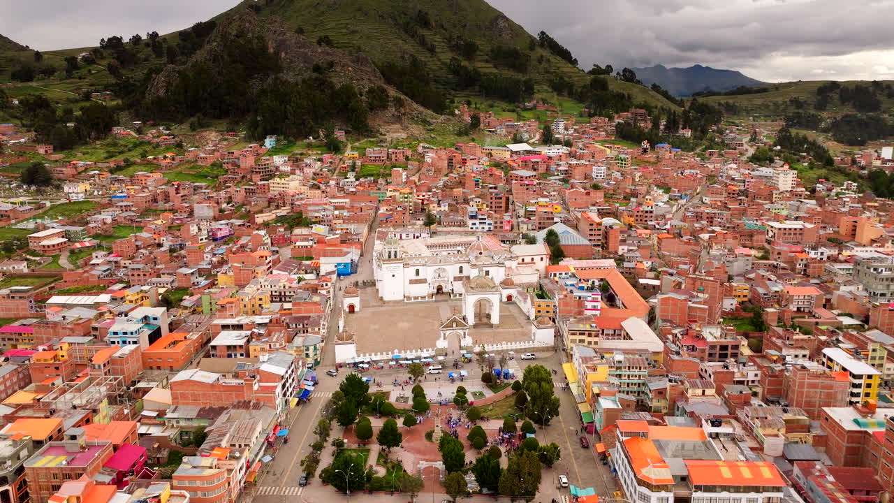 Basilica de Nuestra Senora catholic church pilgrimage site in Copacabana, aerial