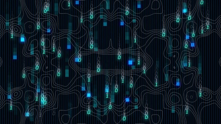 Animation of binary coding digital data processing over black background