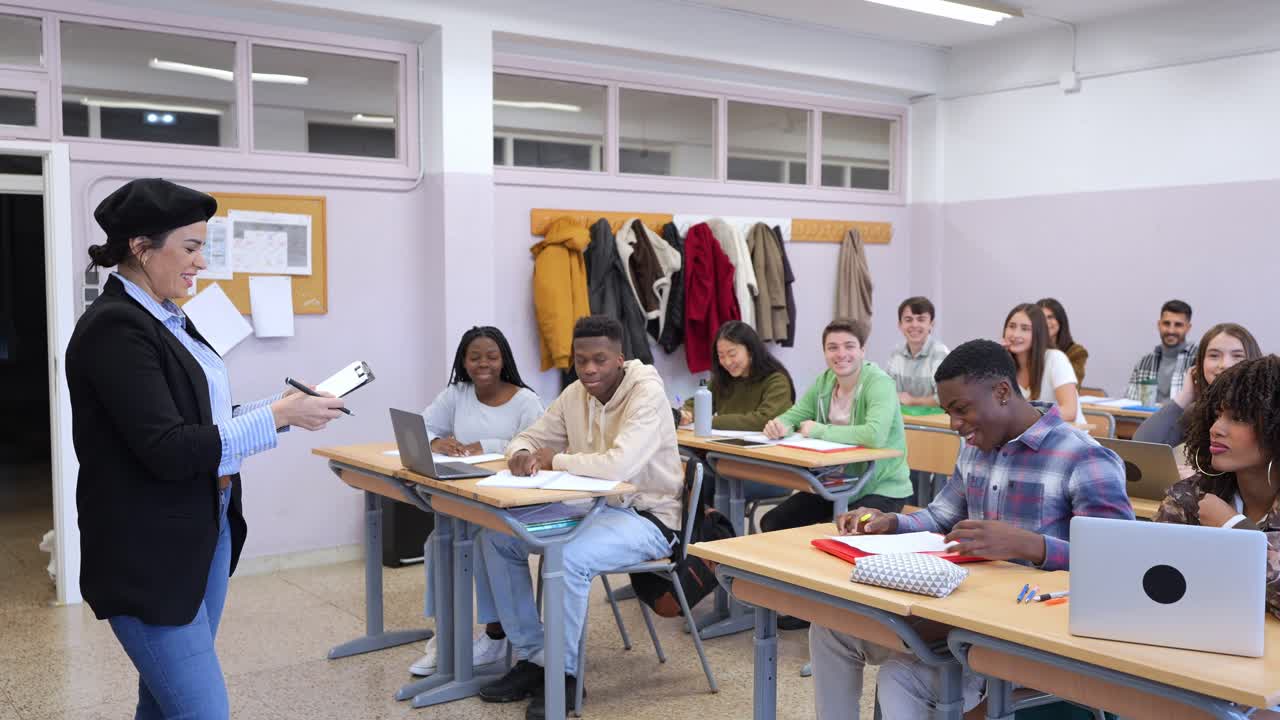 A classroom scene with a teacher and students