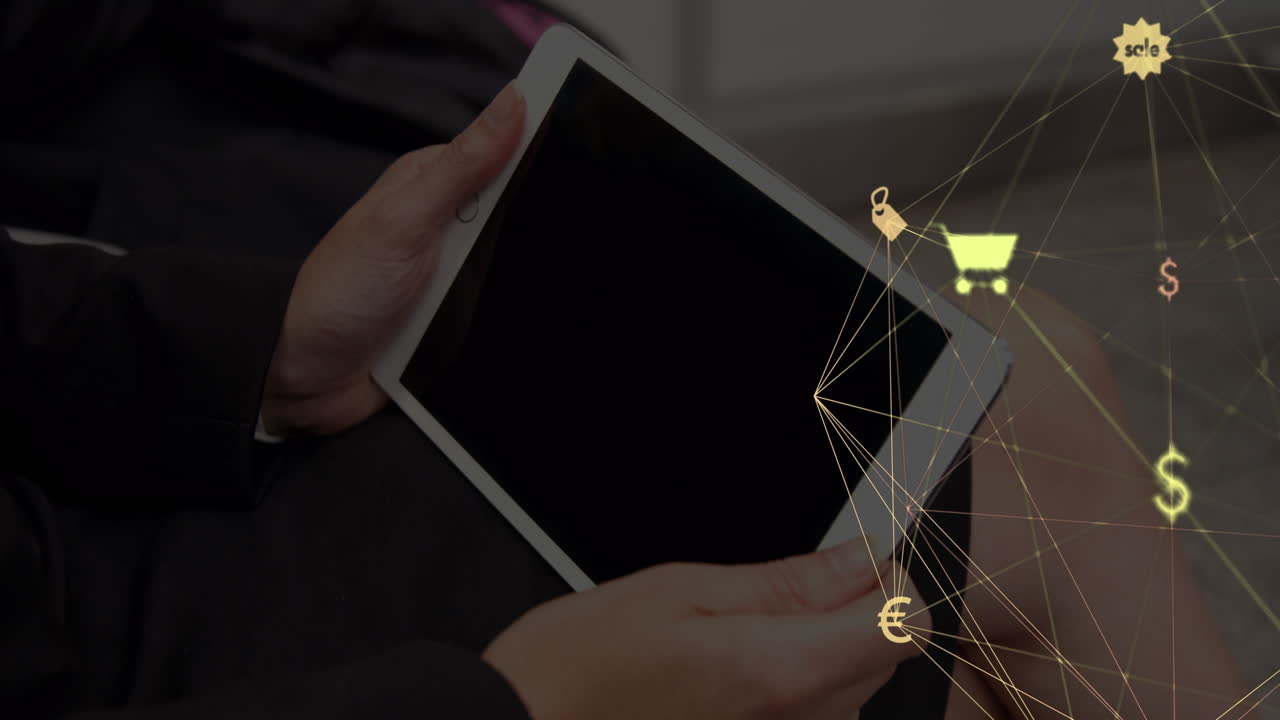 태블릿을 사용하는 남성들에 대한 아이콘과 연결 네트워크의 애니메이션