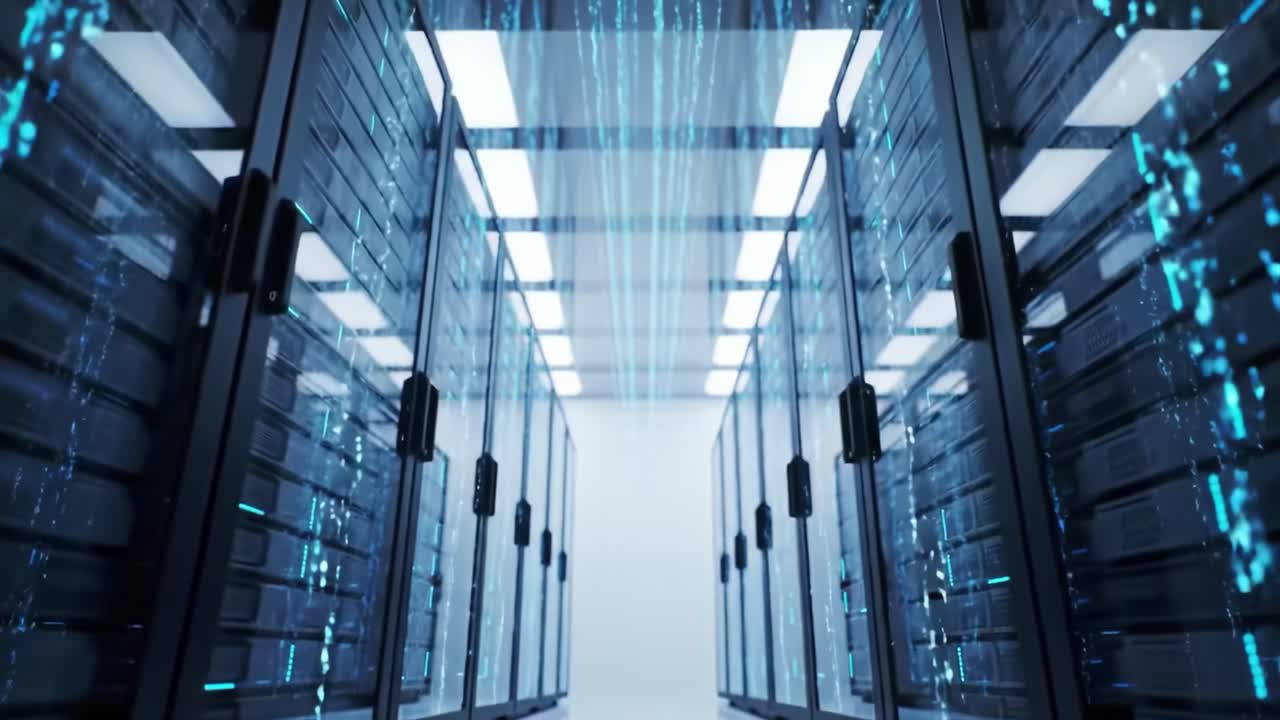 A tour inside a state-of-the-art data center showcasing high-performance servers and advanced digital systems. Discover the sleek design and innovative technology powering data storage.