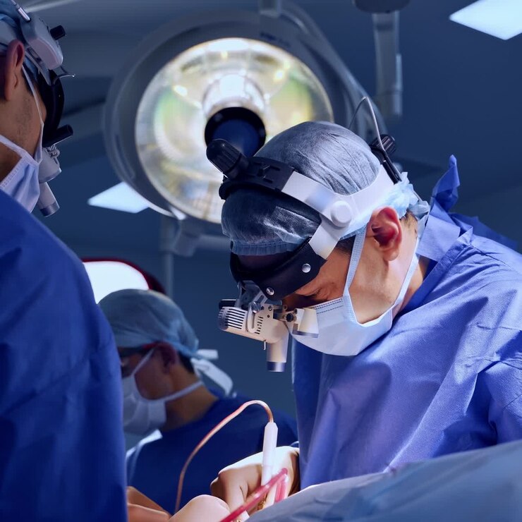 Hard-working male surgeon using tools at operation. Focused neurosurgeon applies electric instrument
