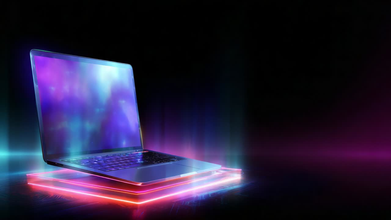 A futuristic glowing laptop set against a mesmerizing digital backdrop, showcasing vibrant colors and ethereal light effects that enhance the modern technology theme of innovation and creativity