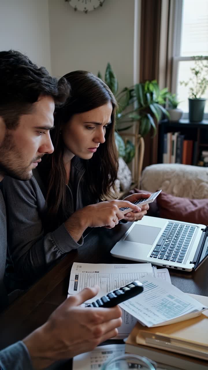 Young couple managing household finances together.