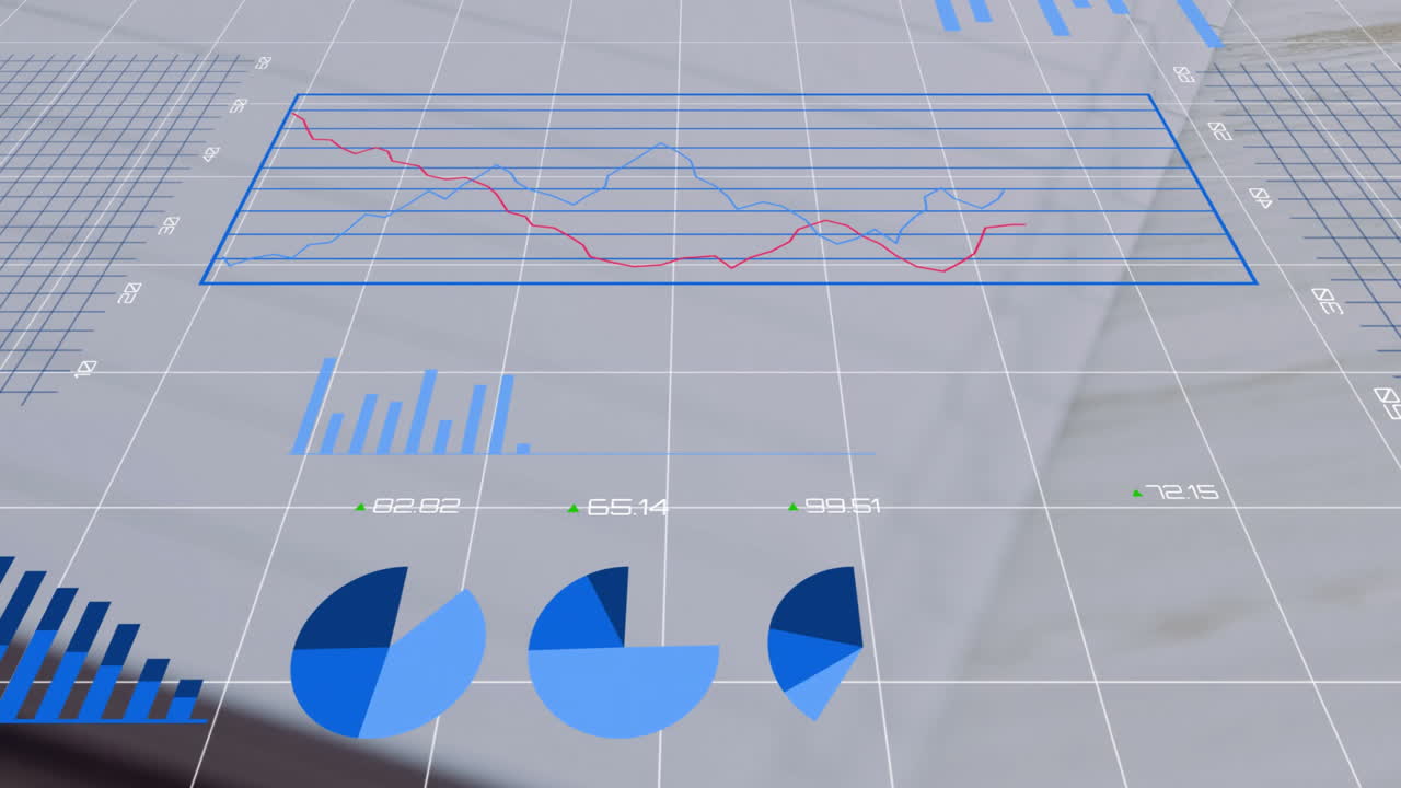Displaying financial data analysis, graphs and charts on grid background animation