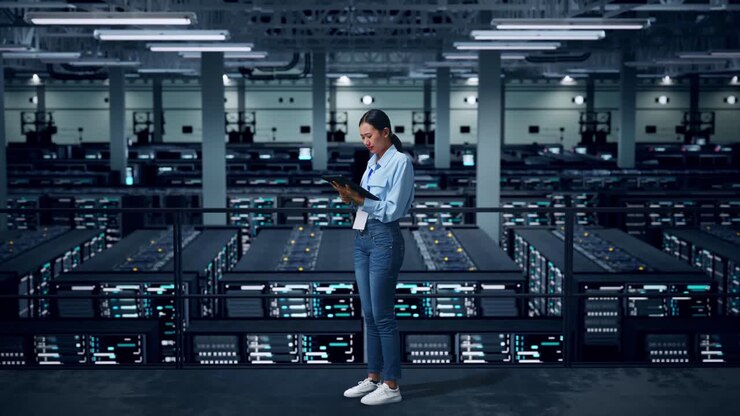 Woman working in a data center