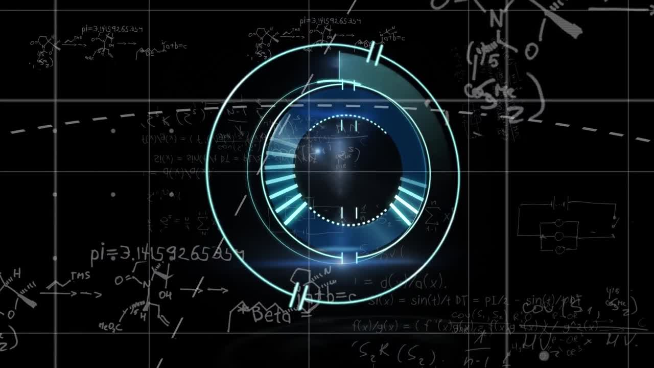 Animation of scope scanning and mathematical equations on black background