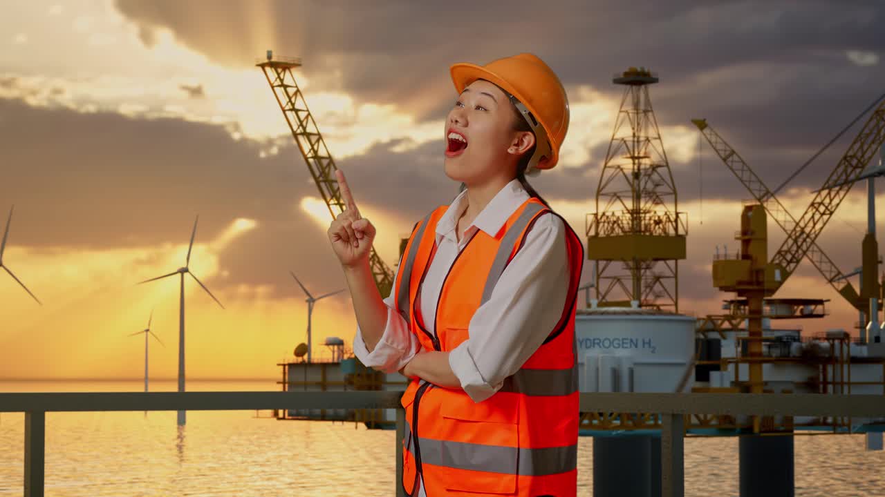 Kvindelig ingeniør ved vindmølle og olieboreplatform