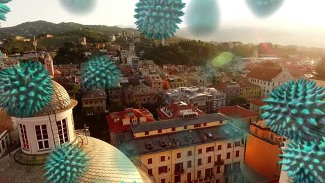 Macro-corona-virus-spreading-with-cityscape-in-the-background