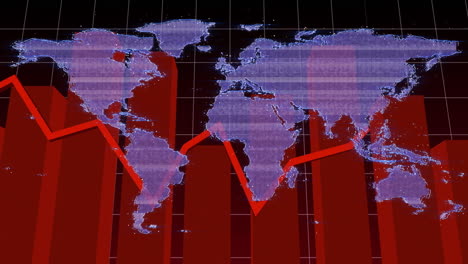 animation of world map showing red downward trend line for global economic decline