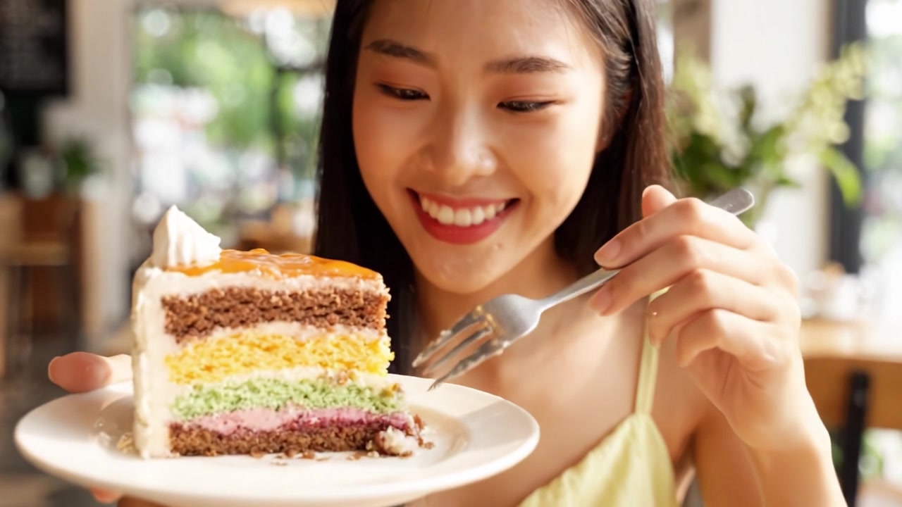 カラフルなデザートに舌鼓を打つ：居心地の良いカフェでレイヤーケーキを楽しむ若い女性が、贅沢と祝祭の喜びを捉えている。