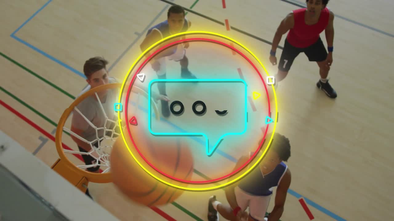 Giocatori di basket in azione con sovrapposizione di animazione di bolle di chat colorate.