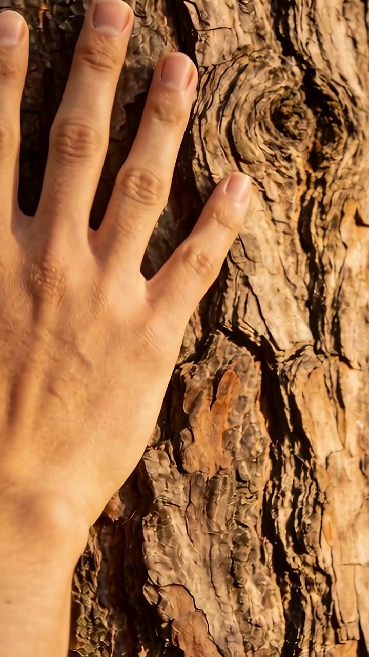 Vertical video: Entering bare adult hand touching tree trunk in park, feeling bark knot, copy space