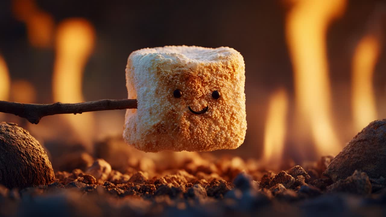 A Cheerful Marshmallow Roasting Over a Campfire: Enjoying the Warm Glow of Flames with a Smiley Face, Perfect for a Cozy Outdoor Experience