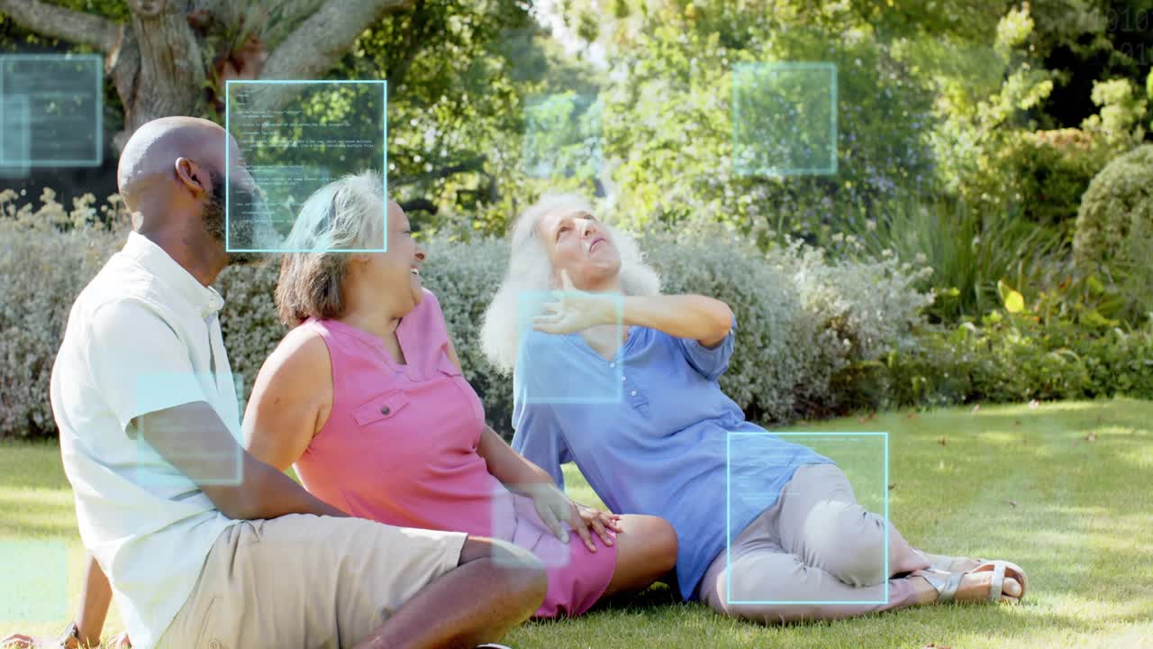 Man with two women reacting to overhead object, senior woman raising arm, tech HUD boxes drifting