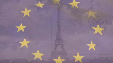 Animación-De-La-Bandera-De-La-Unión-Europea-Sobre-La-Torre-Eiffel-Y-El-Paisaje